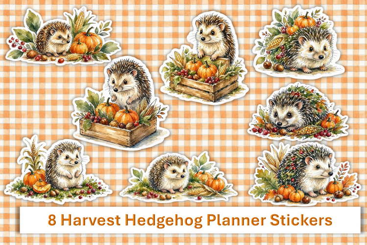 8 Cute Harvest Hedgehog Planner Stickers PNG