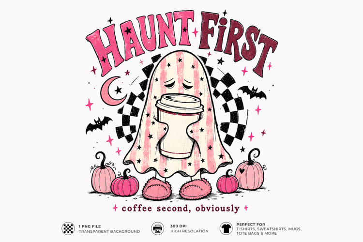 Haunt First Coffee Ghost Cute Halloween PNG T-Shirt Design