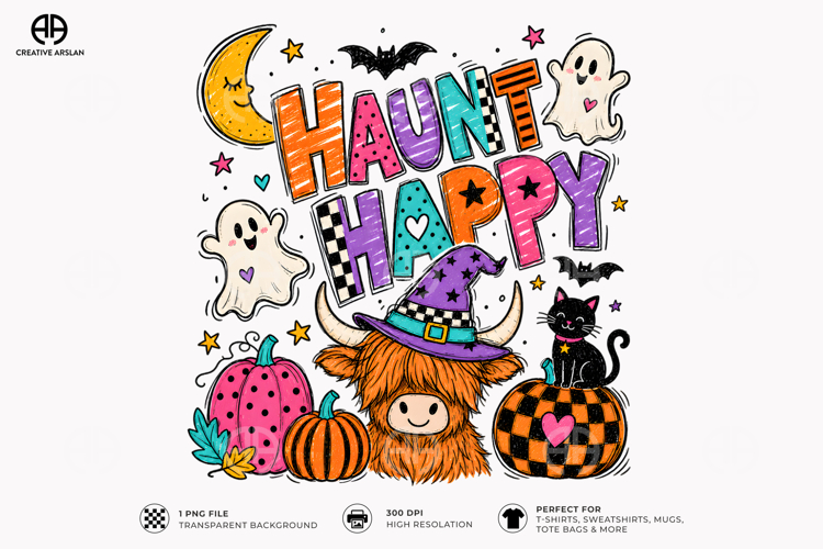 Haunt Happy Highland Cow Witch - Halloween Witch Shirt PNG