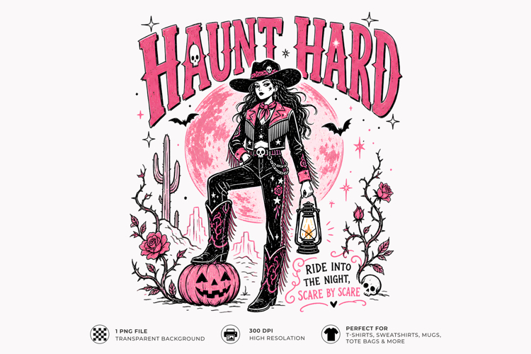 Haunt Hard Western Cowgirl Witch Halloween T-Shirt Design