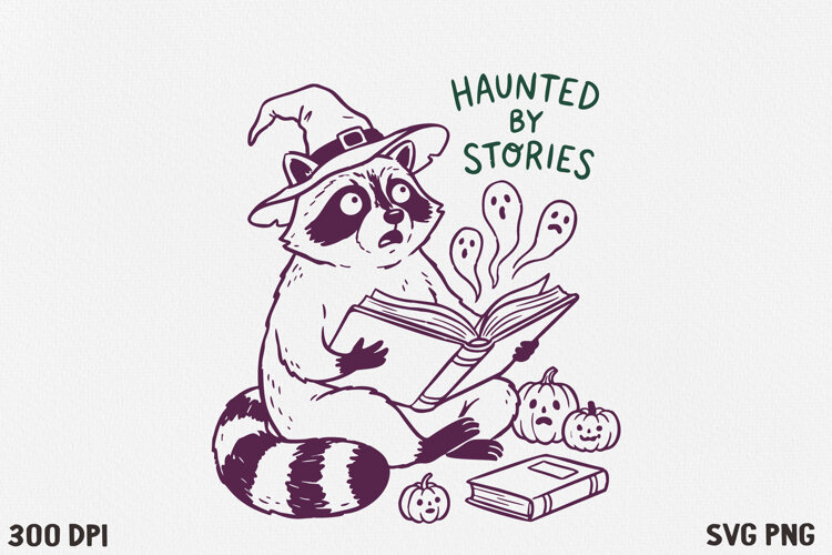 Bookish Halloween Raccoon SVG PNG | Witchy Reading Raccoon example image 1