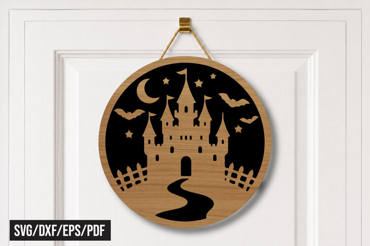 Haunted Castle Round Door Hanger Laser Cut SVG example image 1