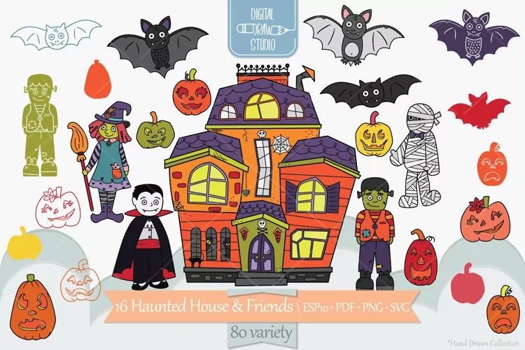 Haunted House Color, Hand Drawn Monsters, Halloween Pumpkins