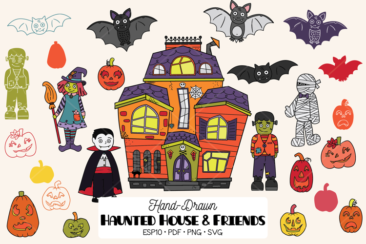 Haunted House Color, Hand Drawn Monsters, Halloween Pumpkins