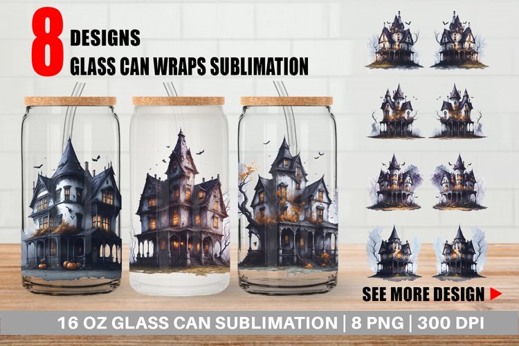 Haunted House Halloween Glass Can Wraps