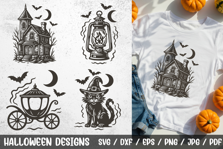 Haunted House Halloween SVG | Cat, Lantern, Carriage, Moon