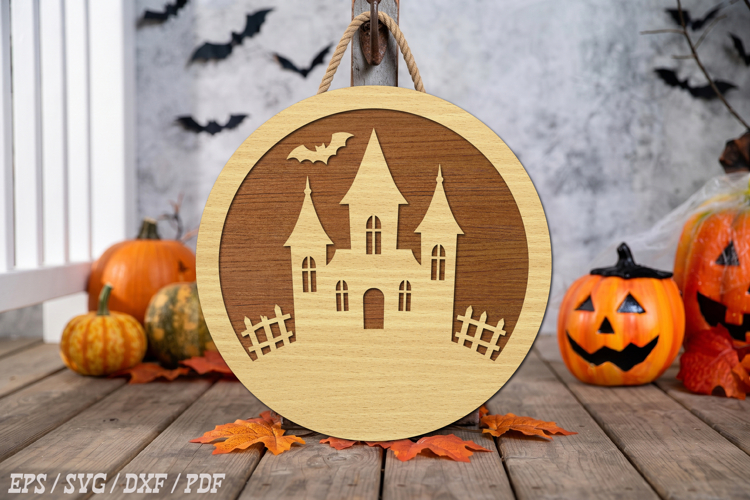 Haunted House Round Door Hanger SVG,Wooden Halloween Sign