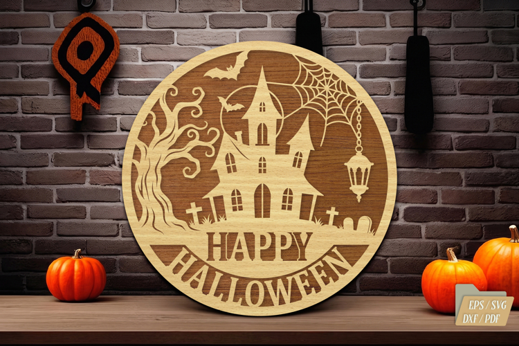 Haunted House Round Laser Cut SVG,Halloween Wooden Door Sign