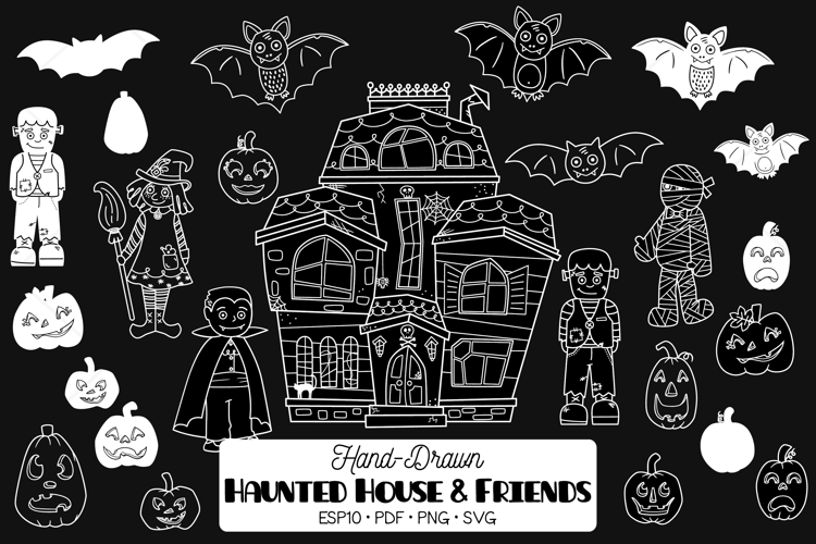 Haunted House White, Hand Drawn Monsters, Halloween Pumpkins