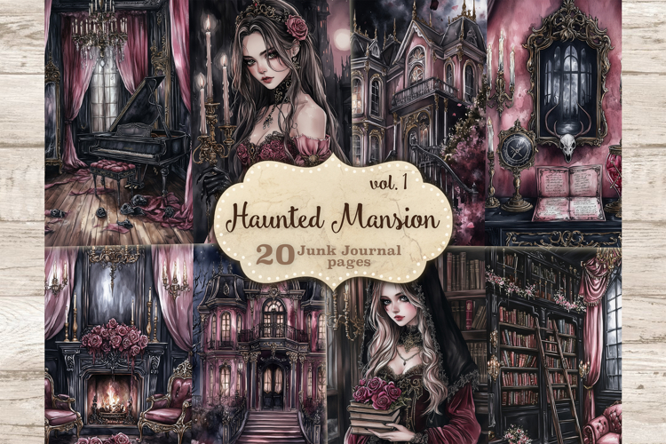 GlamArtZhanna, Haunted Mansion Junk Journal Pages, Gothic Halloween Junk Journal Paper, Spooky Digital Collage Sheet, Witch Scrapbook Kit, Halloween Girl Junk Journal Kit, Pink Halloween Journal Card, Creepy Journaling Pages, Creepy Ephemera Pages, Scary 