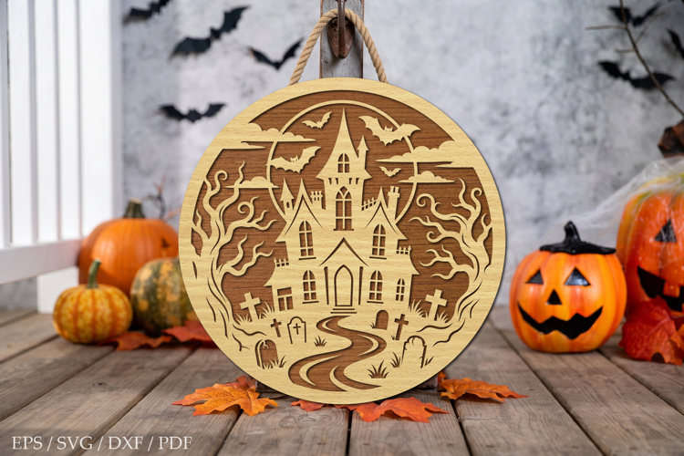 Haunted Mansion Round Door Hanger SVG,Spooky Wooden Sign