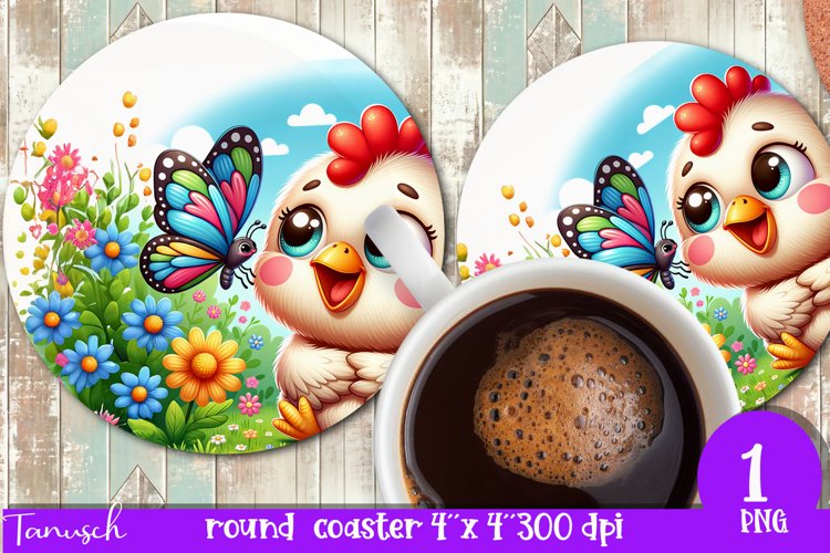 Floral animals round coaster spring SUBLIMATION PNG / chick