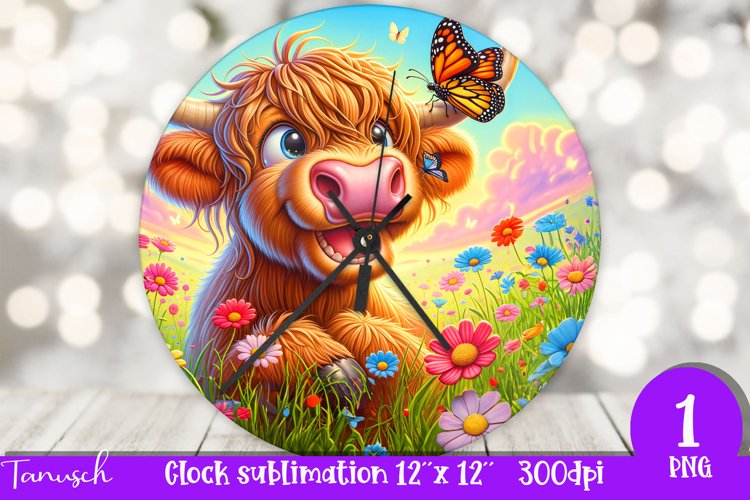 Floral HIGHLAND COW Wall Clock spring SUBLIMATION PNG