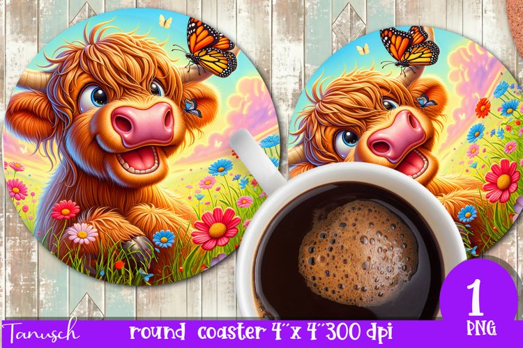 Floral animals round coaster spring SUBLIMATION PNG / cow