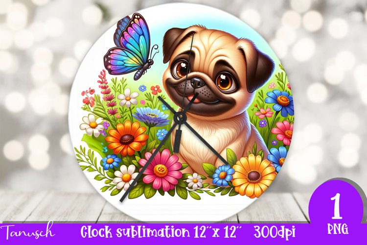 Floral PUG Wall Clock spring SUBLIMATION PNG