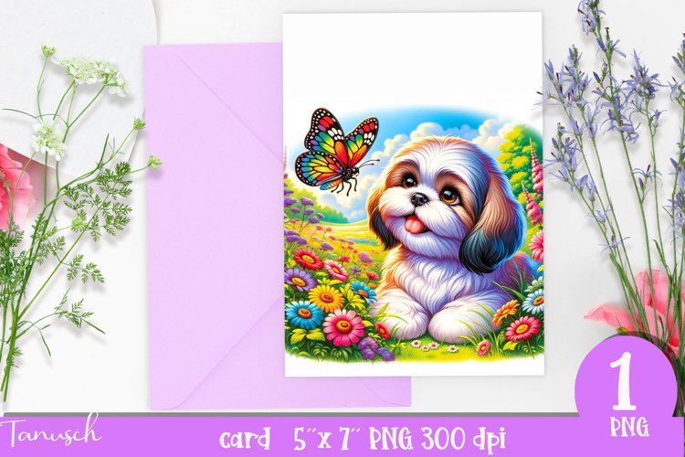DOG card spring SUBLIMATION flowers PNG