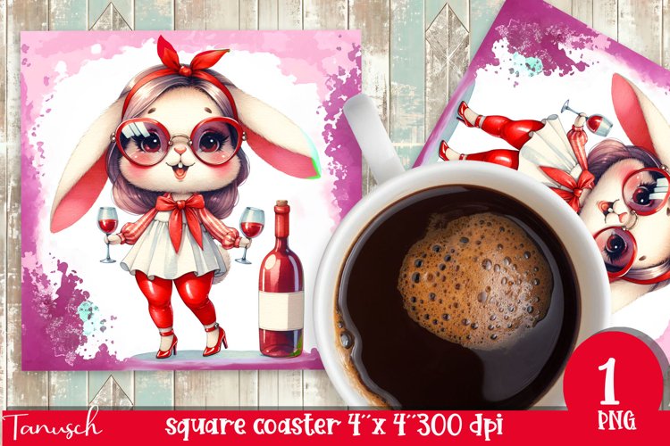 funny wine animals square coaster sublimation design RABBIT
