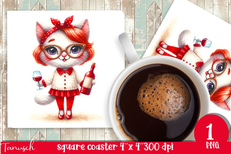 funny wine animals square coaster sublimation design CAT