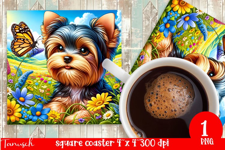 funny YORKSHIRE TERRIER square coaster Sublimation PNG flowe