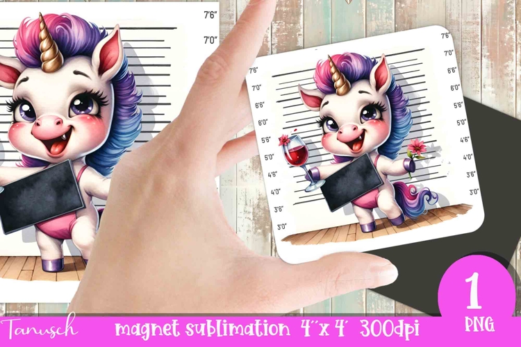 funny cartoon mugshot Unicorn magnet Sublimation PNG