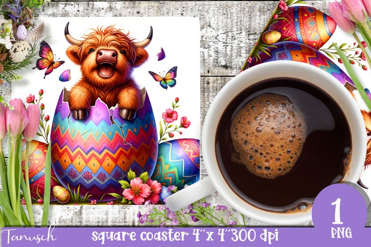 cute EASTER highland cow flowers square coaster Sublimation
