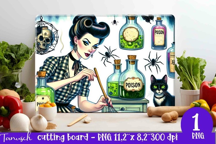 funny Retro woman Halloween Witch cutting board sublimation example image 1