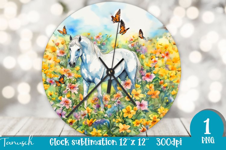 Watercolor horse   flowers wall clock sublimation design PNG