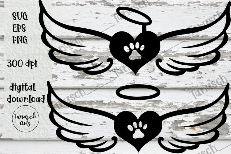 Pet Memorial angel wings with heart and paw print SVG