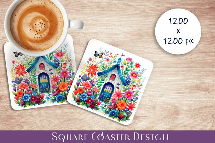 Watercolor flowers haus Square Coaster Sublimation, flowers