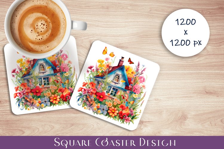 Watercolor flowers haus Square Coaster Sublimation, flowers