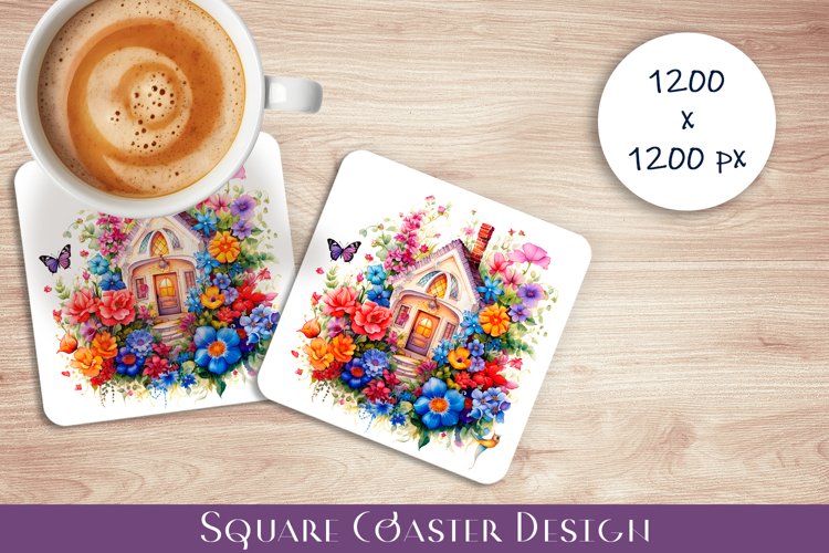 Watercolor flowers haus Square Coaster Sublimation, flowers