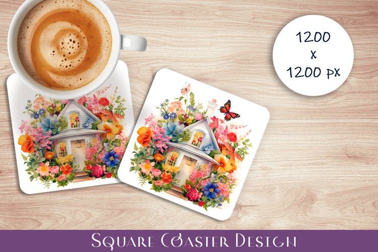Watercolor flowers haus Square Coaster Sublimation, flowers