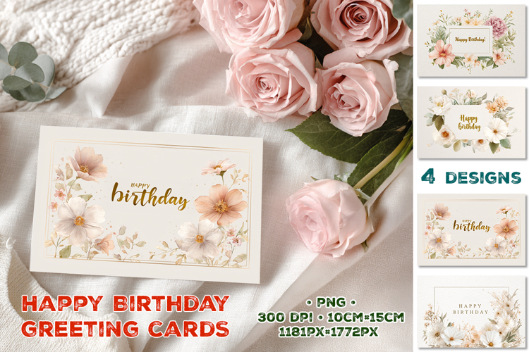 Elegant Happy Birthday Printable Greeting Cards with Flowers