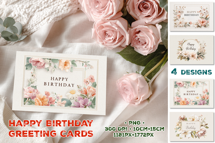 Elegant Happy Birthday Printable Greeting Cards with Flowers