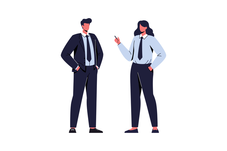 Two professional individuals engaged in conversation wearing