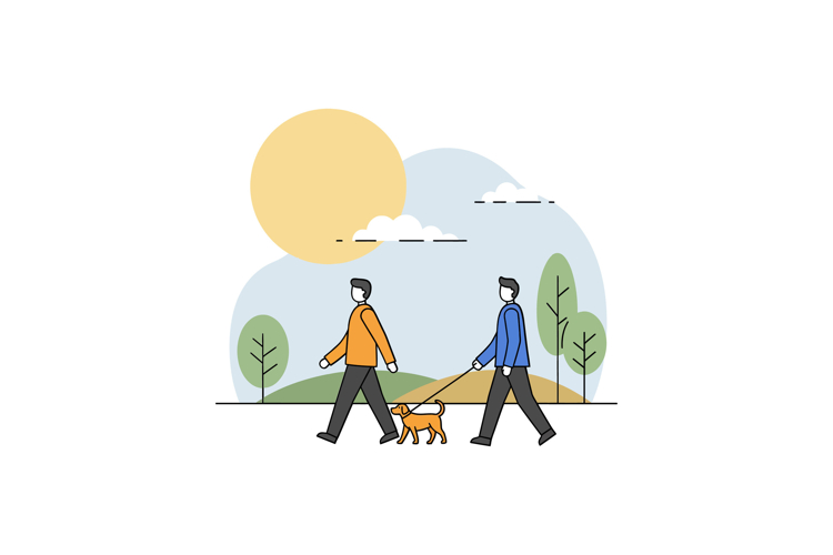Two men walking a small dog in a sunny park, flat vector art