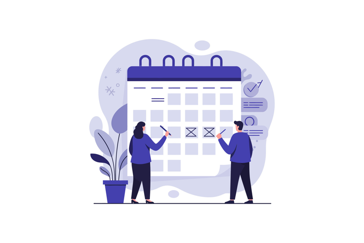 Two people planning together with a calendar in a minimal fl