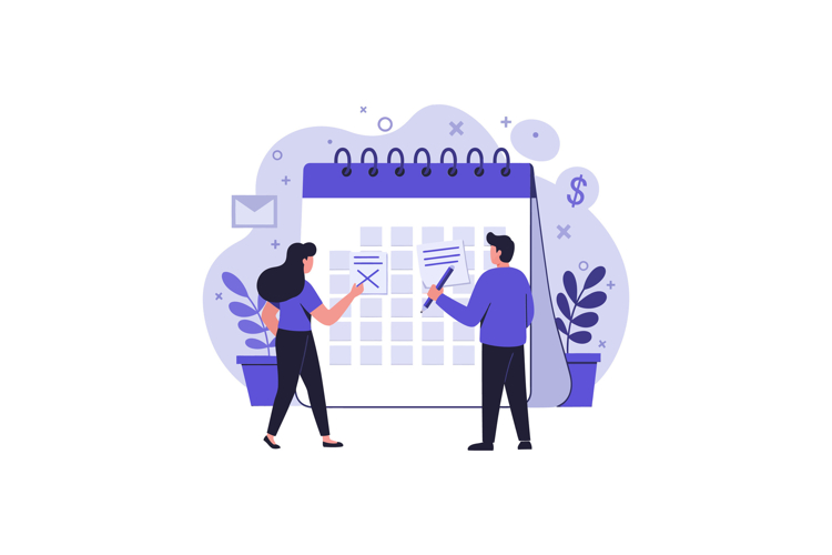 Two people discussing plans with a calendar in a flat, minim