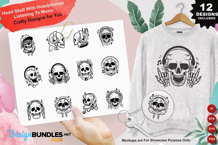 Head Skull With Headphones Listening To Music Clipart Set