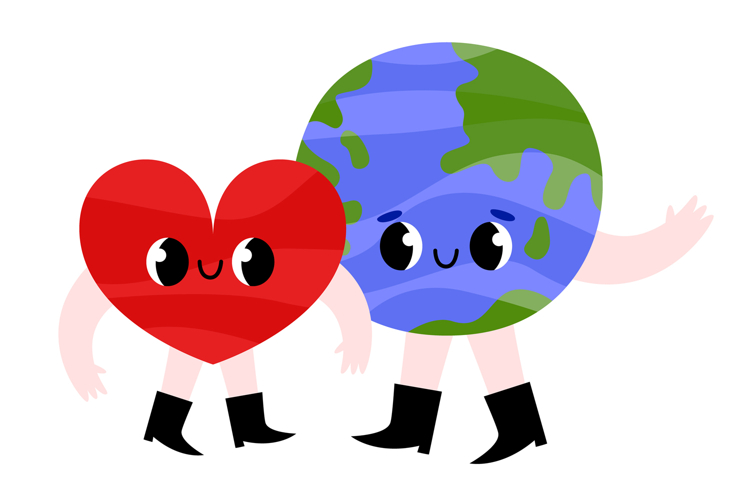 Cute Earth and Heart Character Illustration - Hand-Drawn Eco