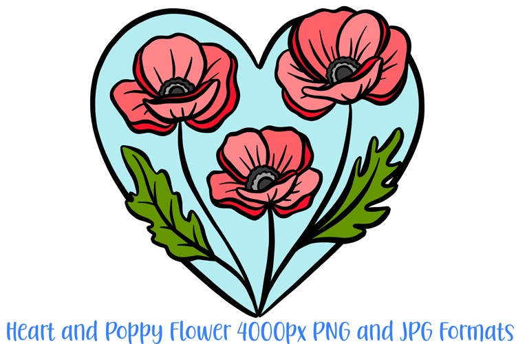 Heart and Poppy Flower Graphic Floral Wreath Clipart PNG