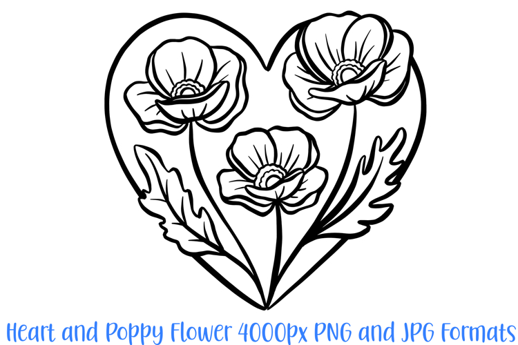 Heart and Poppy Flower Graphic Outline Floral Wreath Clipart