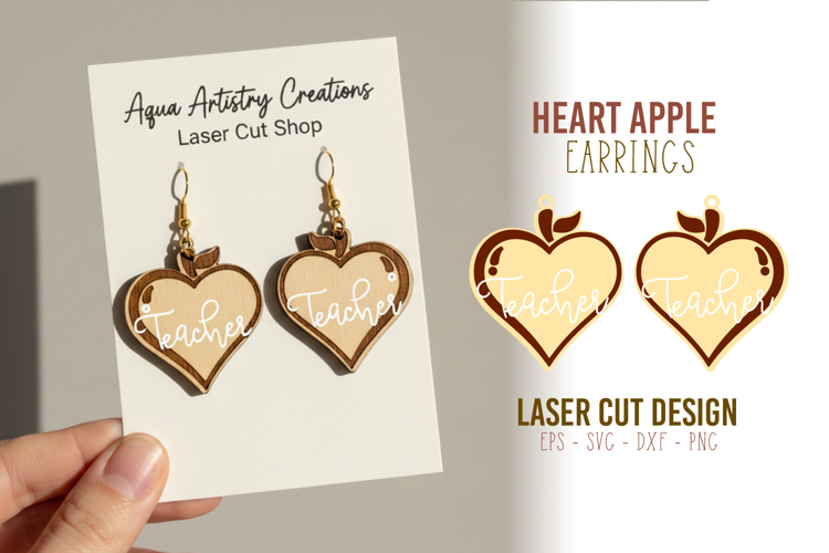 Teacher Apple Heart Shape Earrings Laser Cut Template
