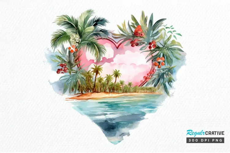 Heart Beach Watercolor Sublimation PNG Clipart
