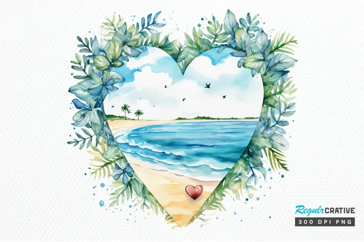 Heart Beach Watercolor Sublimation PNG Clipart