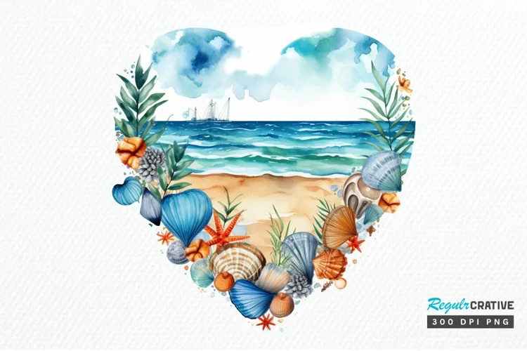 Heart Beach Watercolor Sublimation PNG Clipart