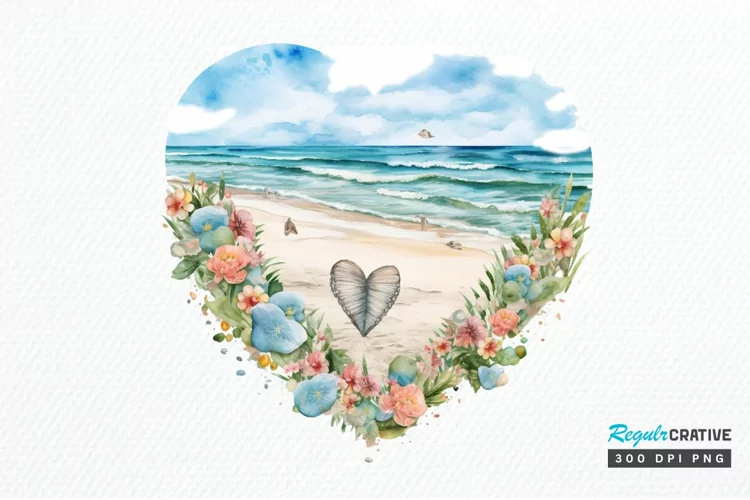 Heart Beach Watercolor Sublimation PNG Clipart