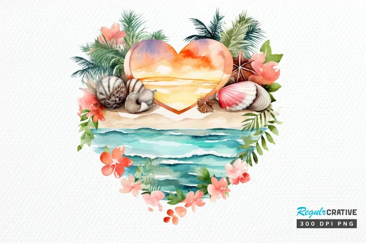 Heart Beach Watercolor Sublimation PNG Clipart