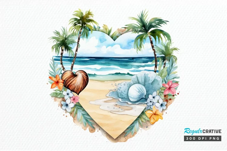 Heart Beach Watercolor Sublimation PNG Clipart