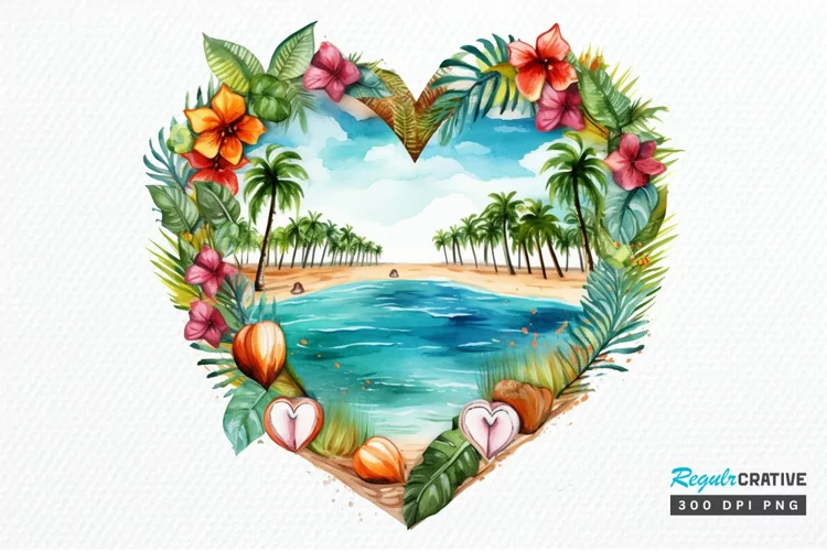 Heart Beach Watercolor Sublimation PNG Clipart